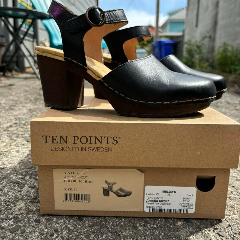 Black Leather Mules with Faux Wooden Heel by